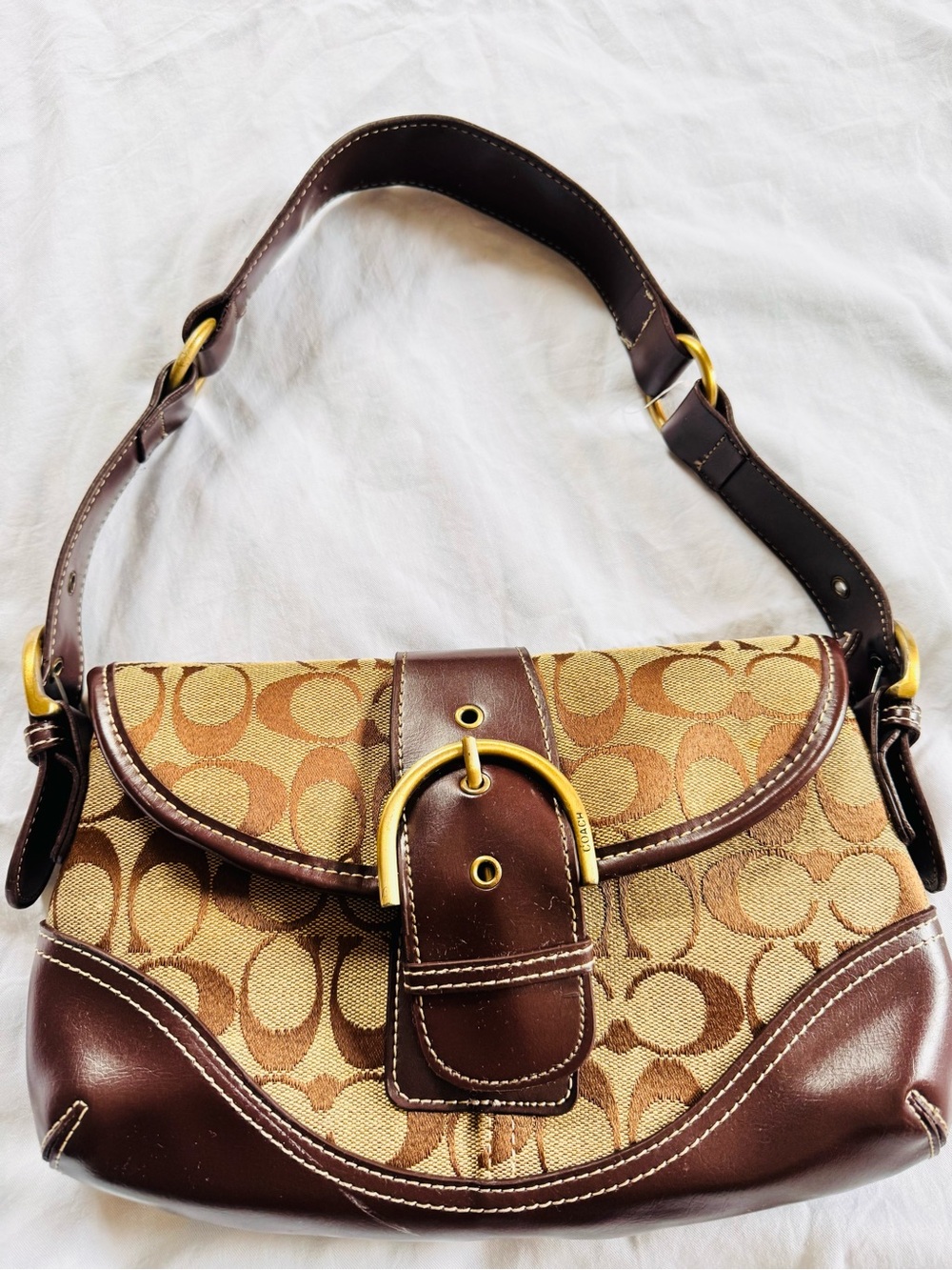Vintage Coach Brown Signature Jacquard Shoulder Bag with Gold Buckle